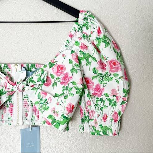 Hill House  The Isabella Top Pink Roses Poplin Puff Sleeve Tie Front Floral