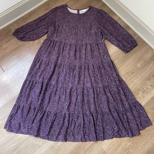 J.Jill  Long Sleeve Prairie Purple Paisley Midi Dress Viscose ~ Women’s Size L