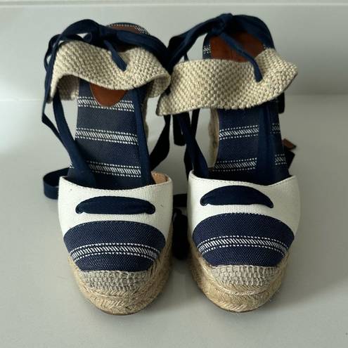 Coach  Fern Navy/Tan/Chalk Ankle Wrap Espadrille Platform Wedges Size 7