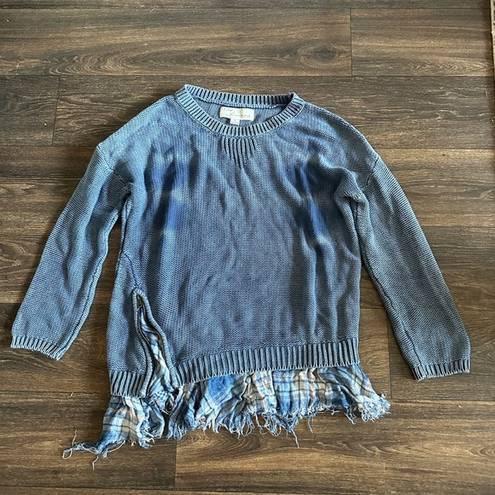 Vintage Havana  Oversized Blue Sweatshirt with plaid embellishments