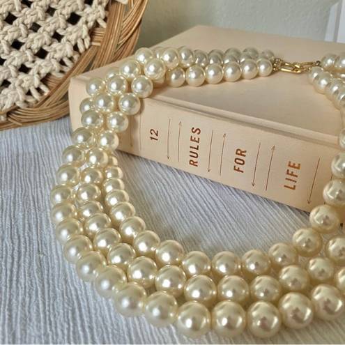 American Vintage Vintage “Morgana” Gold Hook Clasp Three Strand Pearl Necklace Chunky Statement