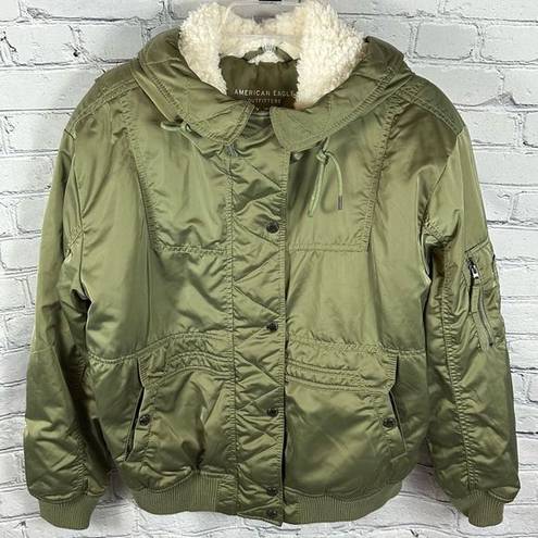 American Eagle AEO Flight Bomber Jacket Sherpa-Lined Hooded Satin Green L