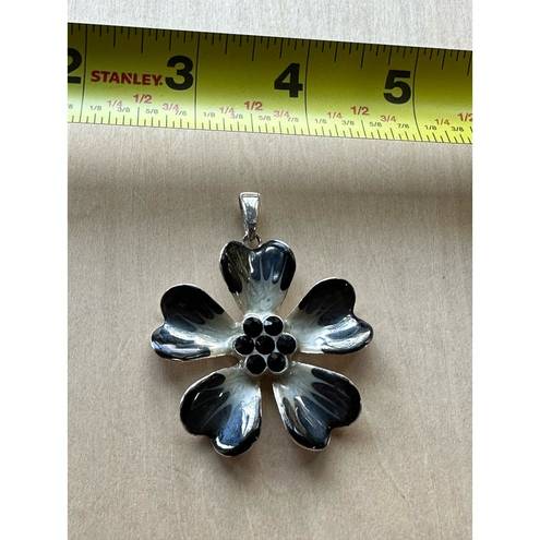 Petal Five  Dark Navy Blue Flower Necklace Pendant with Black Pistil Rhinestones