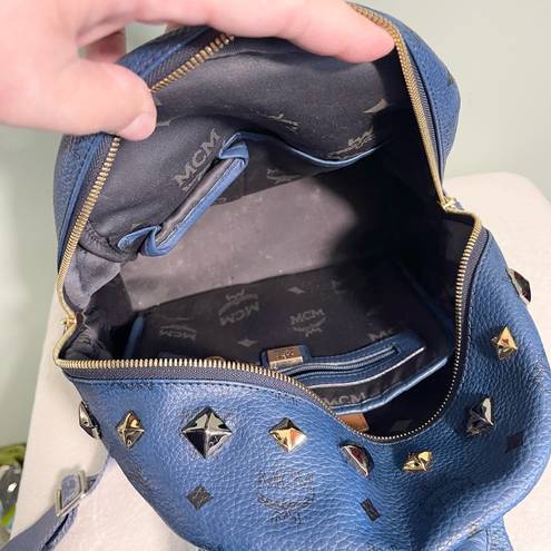 MCM  Munchen Blue Leather Embellished Golden & Silver Studded Backpack