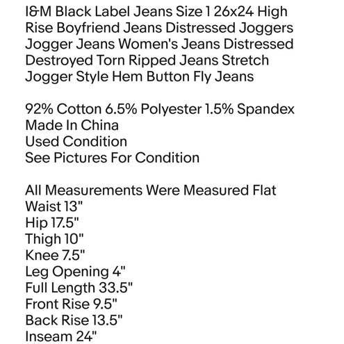 I & M Jeans I&M Black Label Jeans Size 1 26x24 High Rise Boyfriend Jeans Distressed Joggers 