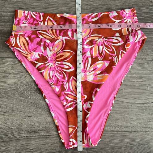 Aerie NWT  High Cut Cheeky Bikini Bottom Floral Rust Red Hot Pink Size Large