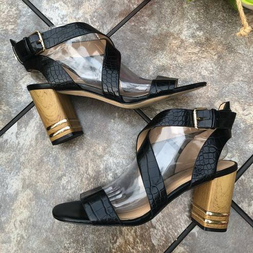 Tommy Hilfiger  Sadah Black Gold Leather Strappy Block Heel Sandal 9.5