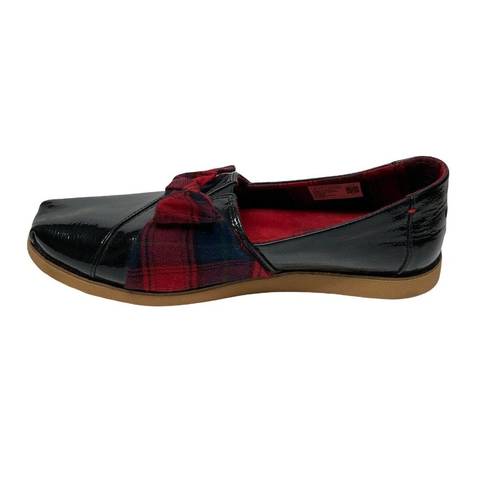 Toms  Black Patent Leather Slip On Dress Shoes Red Buffalo Plaid Bow Size 8.5