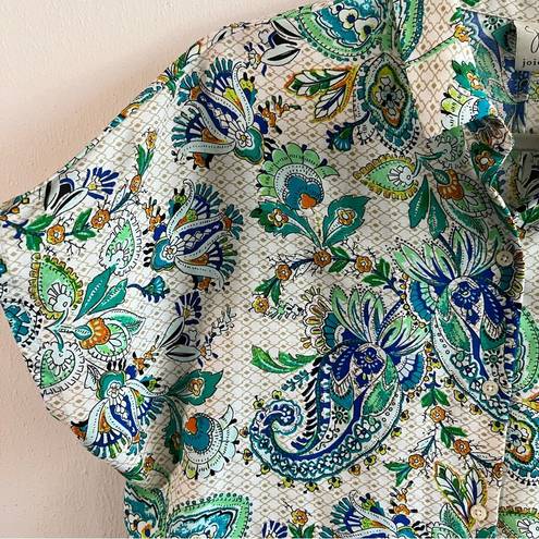 Joie  Blouse White & Green Paisley Pattern Short Sleeves Button Up Top Sz S EUC