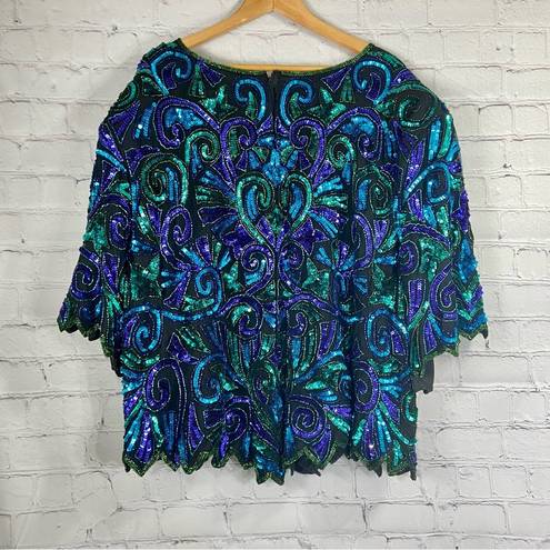 Laurence Kazar VTG  7X 100% Silk Sequin Beaded Blouse Peacock Green Blue Evening