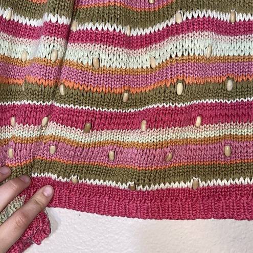 Talbots  PINK STRIPED CARDIGAN WOOD BEADED Knit Boho Coastal Grandma Small Button