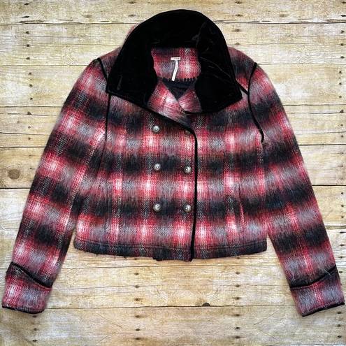 Free People  Red Wooly Officer Plaid Wool Blend Jacket