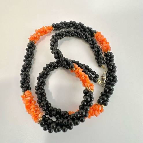Onyx Black   beaded and coral long twisted necklace