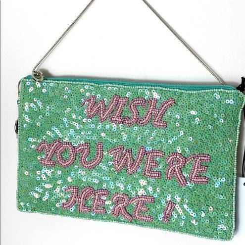 Wish From St. Xavier  You Were Here green sequin clutch bag NWT