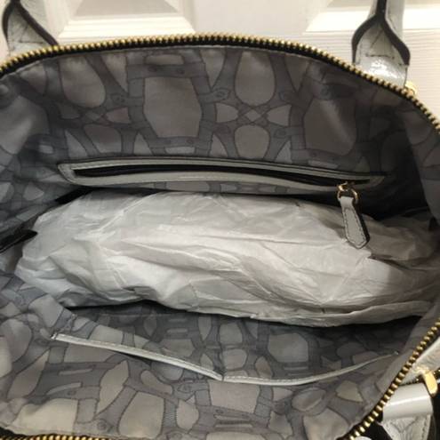 Aimee Kestenberg  glossy leather‎ satchel in light grey 15” x 10” bag purse