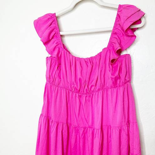 Free The Roses  NWT Flamingo Fuchsia Pink Poplin Tiered Ruffle Maxi Dress Small