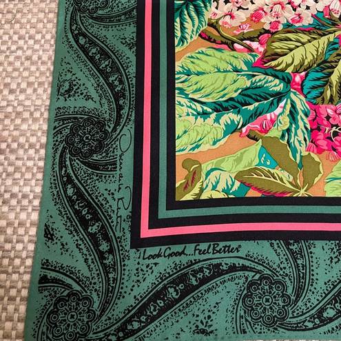 Oscar de la Renta  Vintage Square Silk Scarf Pink Floral Green Retro Designer