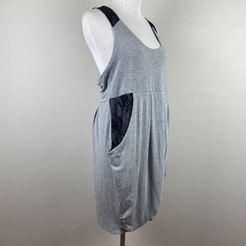 Heartloom  Mini Dress‎ M Gray Knit Black Lace Racerback Pockets Sleeveless