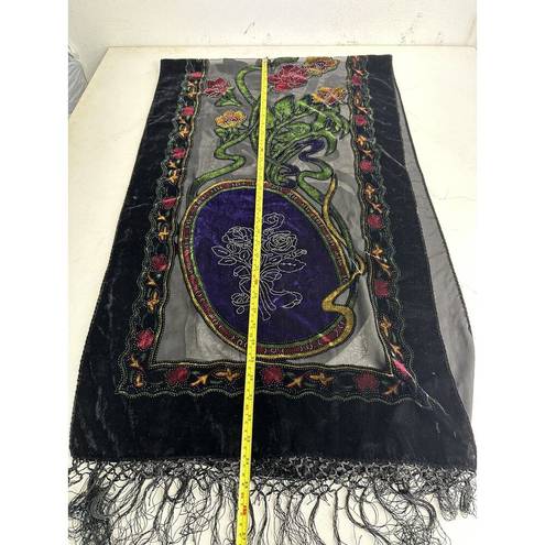 Black Velvet Floral Roses Silk Velour Sheer Table Runner Scarf Wrap