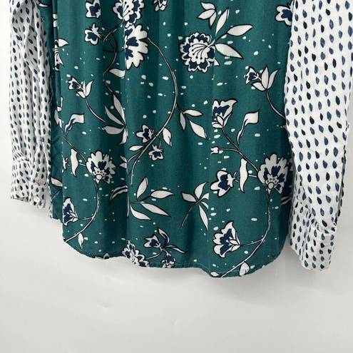 Style & Co  Boho Mixed Print Button Up Shirt White Teal Roll Tab Sleeves Size 1X