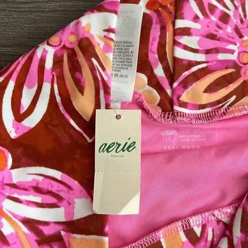 Aerie NWT  High Cut Cheeky Bikini Bottom Floral Rust Red Hot Pink Size Large