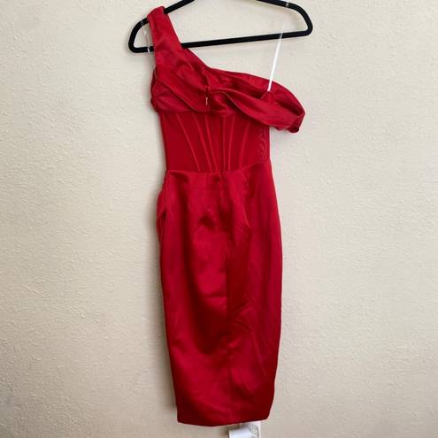 House Of CB  “Lulu” Red Asymmetric Drape Midi Corset Dress NWOT size XS