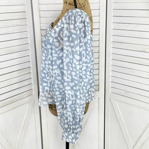 Petal Lucca  Print Square Neck Crop Blouse Blue White Large Long Balloon Sleeve