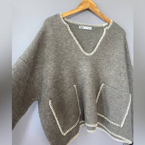 ZARA  Contrast Topstitching Crop Knit Sweater in Gray Size XL