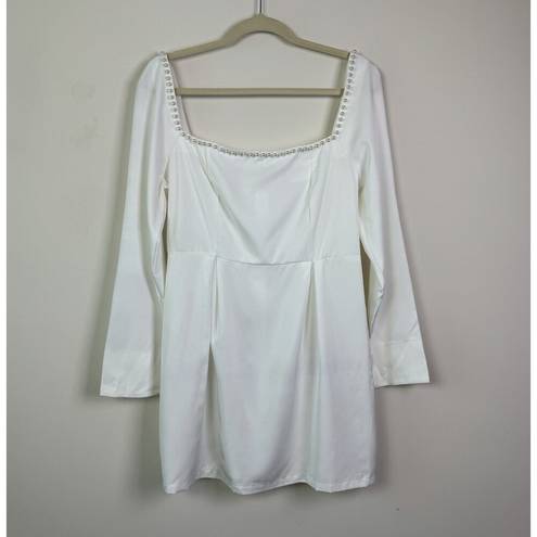 White Pearl Trim Mini Dress Long Sleeve Size Small Lightweight