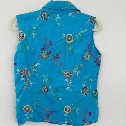 Coldwater Creek  Women Sleeveless Blouse Tank Top Size 10 Floral Embroidered Blue