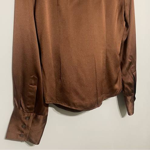 DKNY  100% Silk Dark Brown Collar Button Front Long Sleeve Blouse Top Size 6