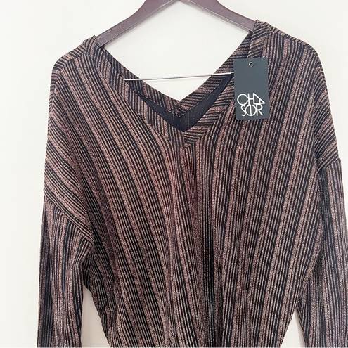 Chaser  Metallic Striped Formal V-neck Blouse Long Sleeves Black/Brown Size Large