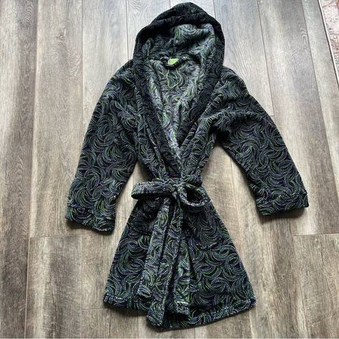 Vera Bradley  Kiev Swirls Plush Hooded Robe Black Green Blue White Print L/XL