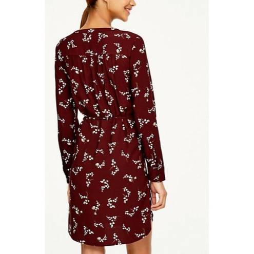 The Loft "" BURGUNDY FLORAL LONG SLEEVES SHIRTTAIL TIE WAIST CAREER DRESS SZE: S NWT