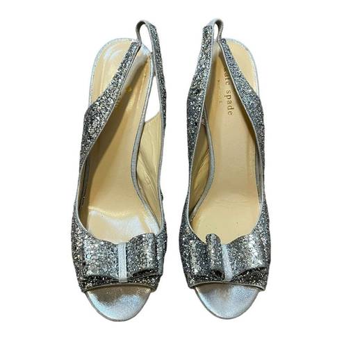 Kate Spade  Shoes Silver Glitter Bow Accent Slip On Peep Toe Slingback Pump Heels