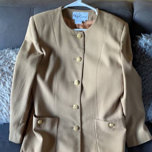 Oleg Cassini  💯 Wool Long Tan Blazer Jacket Size 8