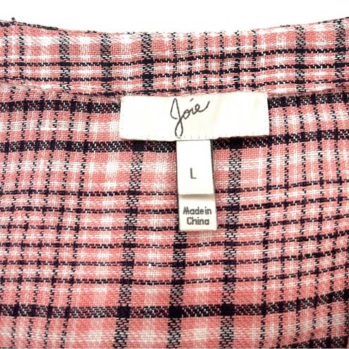 Joie  "Dane" 100% Soft Linen Pink Plaid Button Down Shirt Roll Tab Sleeves