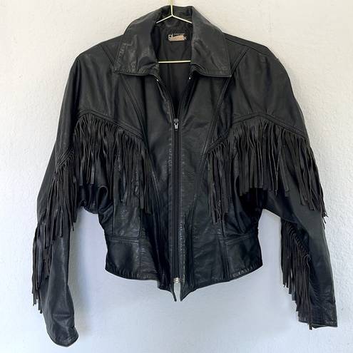 Vintage 80s Oversized Black Leather Fringe Jacket M Size M