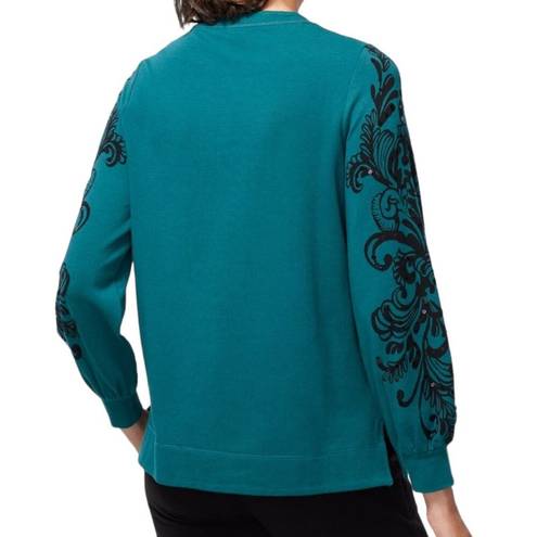 Chico's  Zenergy Sequined French Terry Scrolls Sweatshirt in Peacock Teal