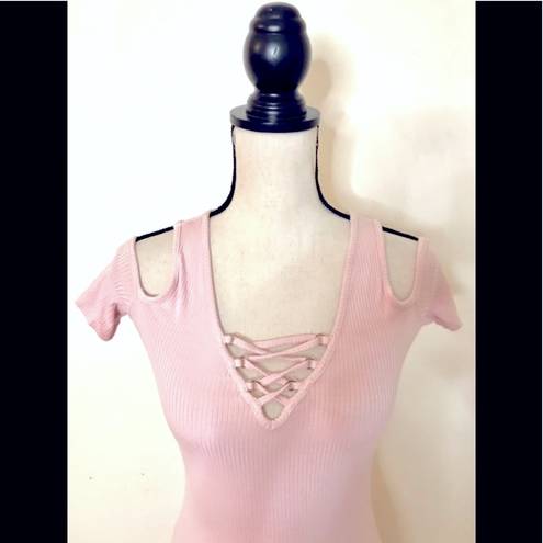 Candie's Light Pink Open Shoulder Bodysuit w/ Corset Style Neckline, XS