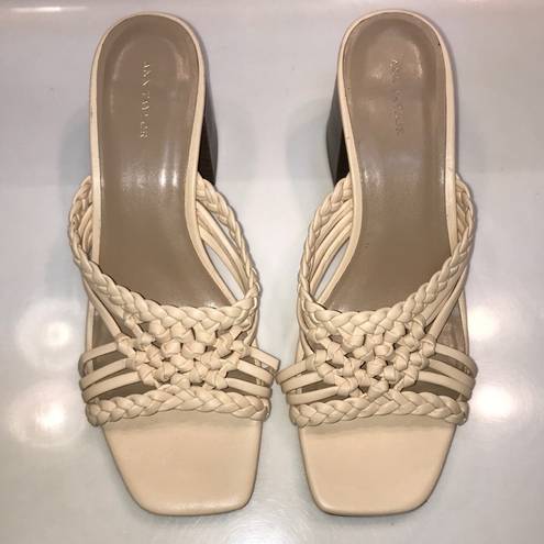 Ann Taylor  Women’s Leather Cream Woven Braided Square Toe Chunky Block Heels