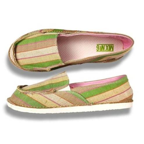 mix no. 6  Size 10 Lightweight Slip-on Comfort Shoes Green Beige Striped Canvas