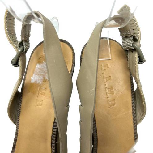 L.A.M.B. Kam Taupe Platform Slingback Wooden Heels Sandals Size 9.5