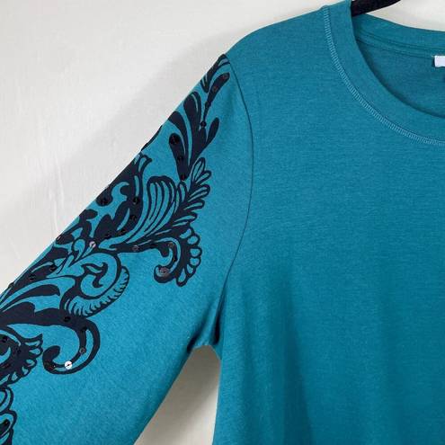 Chico's  Zenergy Sequined French Terry Scrolls Sweatshirt in Peacock Teal