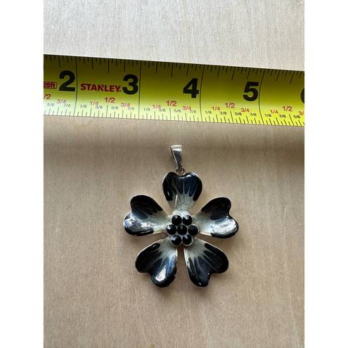 Petal Five  Dark Navy Blue Flower Necklace Pendant with Black Pistil Rhinestones