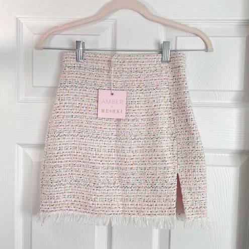 Meshki Amber Scholl x  pink and white tweed slit mini skirt