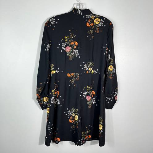 The Loft  Black Multicolored Floral Long Sleeve Bow Tie Neck Chiffon Dress 0 Petite