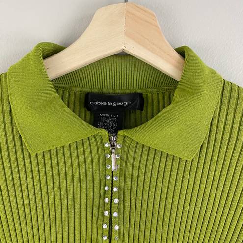 Cable and Gauge  Y2K 90’s Vibes Green Ribbed Rhinestone Half Zip Cropped Sweater