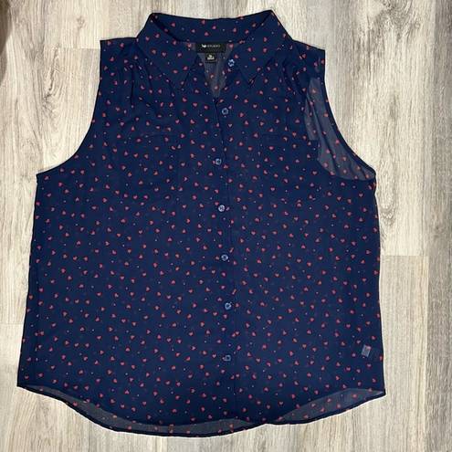 AB Studio Sleeveless Navy Sheer Blouse Red Hearts Print Collared Button Size XL