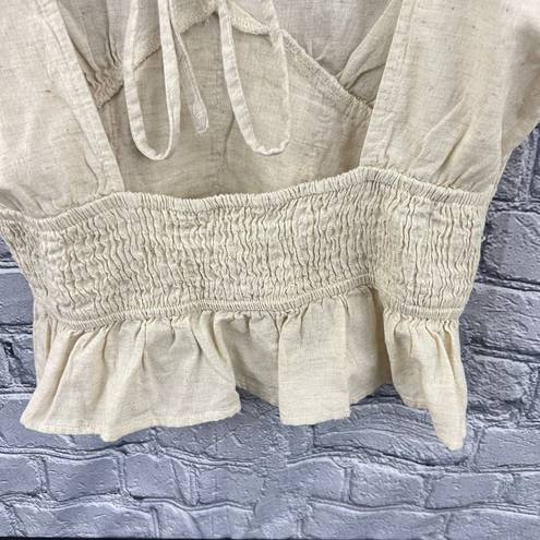 Sim & Sam  Crop Halter Top Beige Linen Blend Puff Sleeve Smocked Size XL